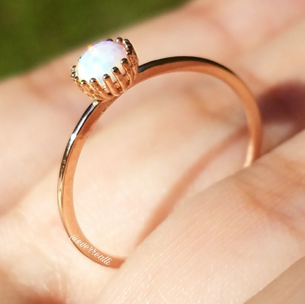 Delicate Rose Gold Band Tiny Round Fire Opal Ring - Picture 3 of 5